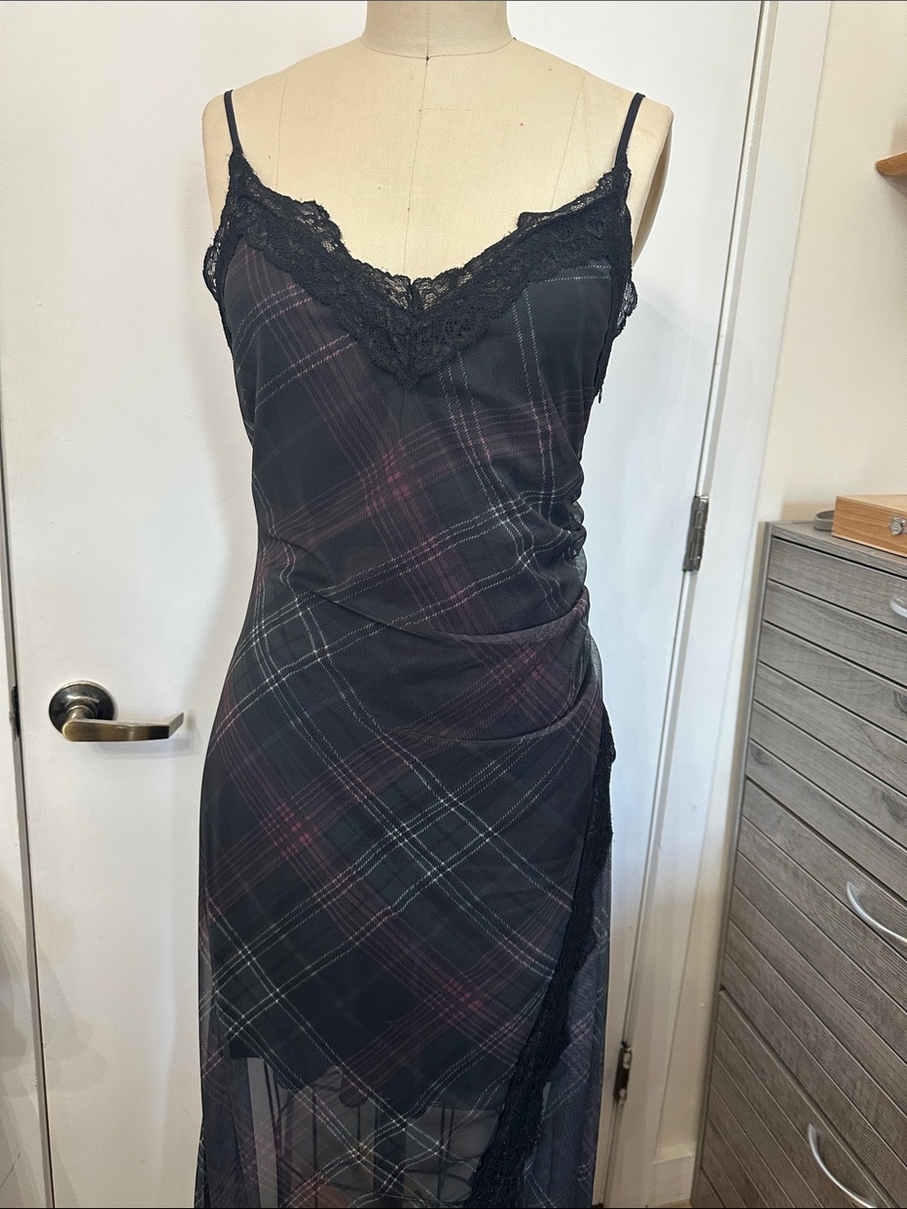 Black Plaid Lace-Trim Slip Dress